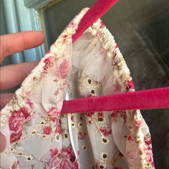 Buckle BKE Floral Front Tie Chiffon Puffy Sleeve Crop Top A. PEACH White Pink M - Picture 11 of 11